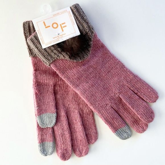 LOF Dusty Rose Pink Knit Gloves, Smart Tech Finger Tips, Fur Puff Decora… - Picture 1 of 5